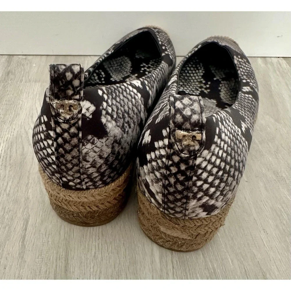 Tory Burch Womens 8.5 Heather Snake Print Wedge Espadrille Black‎ Grey